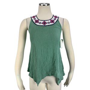 Copper Key Medium Boho Tank Top NWT Green Embroidered Collar